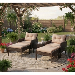Bộ Bàn Ghế Ngoài Trời 5 Món Ottoman Kaki – Sofa Đơn + Ottoman + Bàn Kính – Chất Liệu Giả Mây PE Cao Cấp