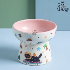 Chén ăn/ chén uống nước in họa tiết mèo đen mùa hè - Chén ăn bằng gốm sứ chống gù lưng cho mèo - Tiệm Mèo Moa