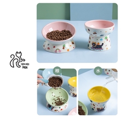 Chén ăn/ chén uống nước in họa tiết mèo đen mùa hè - Chén ăn bằng gốm sứ chống gù lưng cho mèo - Tiệm Mèo Moa