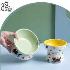 Chén ăn/ chén uống nước in họa tiết mèo đen mùa hè - Chén ăn bằng gốm sứ chống gù lưng cho mèo - Tiệm Mèo Moa