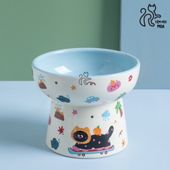 Chén ăn/ chén uống nước in họa tiết mèo đen mùa hè - Chén ăn bằng gốm sứ chống gù lưng cho mèo - Tiệm Mèo Moa