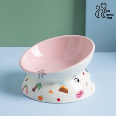 Chén ăn/ chén uống nước in họa tiết mèo đen mùa hè - Chén ăn bằng gốm sứ chống gù lưng cho mèo - Tiệm Mèo Moa