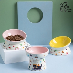 Chén ăn/ chén uống nước in họa tiết mèo đen mùa hè - Chén ăn bằng gốm sứ chống gù lưng cho mèo - Tiệm Mèo Moa