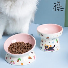 Chén ăn/ chén uống nước in họa tiết mèo đen mùa hè - Chén ăn bằng gốm sứ chống gù lưng cho mèo - Tiệm Mèo Moa