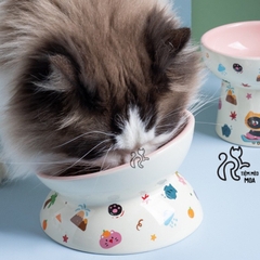 Chén ăn/ chén uống nước in họa tiết mèo đen mùa hè - Chén ăn bằng gốm sứ chống gù lưng cho mèo - Tiệm Mèo Moa