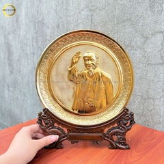TRANH ĐĨA ĐỒNG MẠ VÀNG 24k - BÁC HỒ VẪY TAY CHÀO (ĐK 19CM)