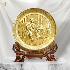 TRANH ĐĨA ĐỒNG BÁC HỒ NGỒI GHẾ MÂY MẠ VÀNG 24K (ĐK 25CM)