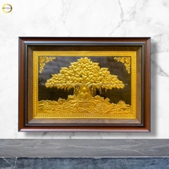 TRANH ĐỒNG DÁT VÀNG - ĐỨC PHẬT NGỒI DƯỚI GỐC CÂY BỒ ĐỀ (KÍCH THƯỚC 50X70CM)