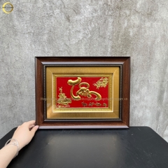TRANH CHỮ TÂM BẰNG ĐỒNG DÁT VÀNG - KÍCH THƯỚC 42X32CM