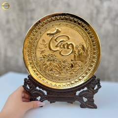 TRANH ĐĨA CHỮ TÂM THƯ PHÁP BẰNG ĐỒNG MẠ VÀNG 24K - TRANH QUÀ TẶNG ĐỂ BÀN (KÍCH THƯỚC 25CM)