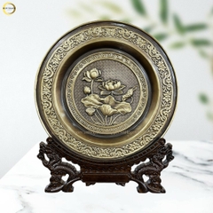TRANH ĐĨA HOA SEN BẰNG ĐỒNG VÀNG GIẢ CỔ  - TRANH QUÀ TẶNG ĐỂ BÀN (KÍCH THƯỚC 25CM)