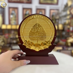 TRANH LÁ BỒ ĐỀ CHỮ BÌNH AN BẰNG ĐỒNG DÁT VÀNG - KÍCH THƯỚC 14X19CM