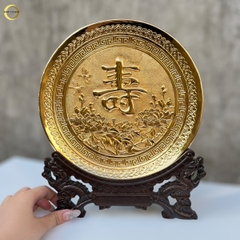 TRANH ĐĨA CHỮ THỌ TIẾNG HÁN BẰNG ĐỒNG MẠ VÀNG 24K - TRANH QUÀ TẶNG ĐỂ BÀN (KÍCH THƯỚC 25CM)
