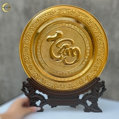 TRANH ĐĨA CHỮ TÂM THƯ PHÁP BẰNG ĐỒNG MẠ VÀNG 24K - TRANH QUÀ TẶNG ĐỂ BÀN (KÍCH THƯỚC 35CM)