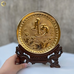TRANH ĐĨA CHỮ AN THƯ PHÁP BẰNG ĐỒNG MẠ VÀNG 24K - TRANH QUÀ TẶNG ĐỂ BÀN (KÍCH THƯỚC 19CM)