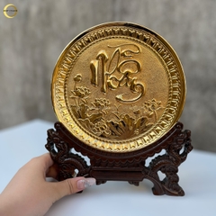 TRANH ĐĨA CHỮ NHẪN THƯ PHÁP BẰNG ĐỒNG MẠ VÀNG 24K - TRANH QUÀ TẶNG ĐỂ BÀN (KÍCH THƯỚC 19CM)
