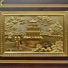 TRANH HỒ HOÀN KIẾM BẰNG ĐỒNG MẠ VÀNG 24K- TRANH QUÀ TẶNG ĐỂ BÀN (KÍCH THƯỚC 22X17CM )