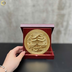 TRANH CHÙA KEO THÁI BÌNH BẰNG ĐỒNG VÀNG MẠ VÀNG 24K - TRANH QUÀ TẶNG ĐỂ BÀN (KÍCH THƯỚC 16X16CM )