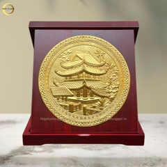 TRANH CHÙA KEO THÁI BÌNH BẰNG ĐỒNG VÀNG MẠ VÀNG 24K - TRANH QUÀ TẶNG ĐỂ BÀN (KÍCH THƯỚC 16X16CM )