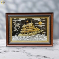TRANH THUẬN BUỒM XUÔI GIÓ BẰNG ĐỒNG DÁT ĐIỂM VÀNG BẠC  - KÍCH THƯỚC 38X54CM