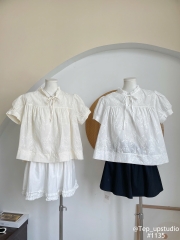 Áo kiểu babydoll thêu hoa cổ bèo cột nơ