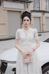 Đầm thiết kế cổ V ren thắt eo nơ cao cấp