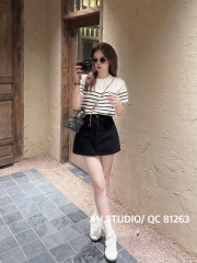 Áo kiểu len tay ngắn gấu sọc