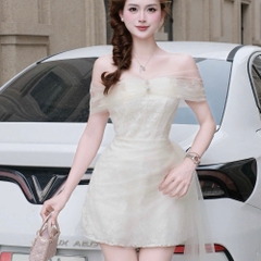 Đầm thiết kế trễ vai ren đính đá dáng ngắn