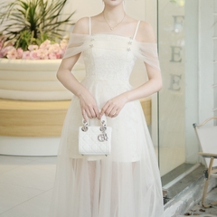 Đầm thiết kế trễ vai dáng dài phối voan chữ A sang trọng đi tiệc