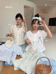 Áo kiểu somi kẻ viền tay ngắn phồng thắt nơ