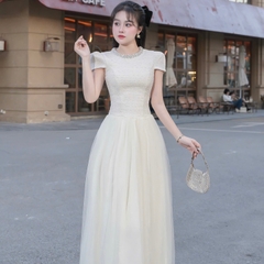 Đầm thiết kế dạ cổ tròn đính đá dáng dài phối tơ