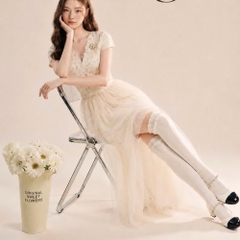 Đầm thiết kế cổ V ren hoa ngực dáng dài