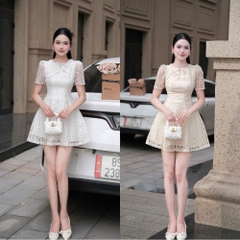 Đầm ngắn thiết kế dáng ngắn vải ren tay ngắn dễ thương đi cà phê đi tiệc đơn giản