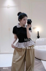 Set áo cổ sen kèm quần ống rộng bo chân