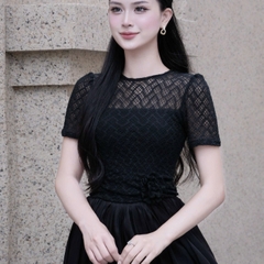 Đầm cổ tròn phối ren dáng dài xoè cao cấp tay ngắn đi tiệc 3 màu kem/ trắng/đen