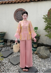 Lam tằm ánh cổ tròn tay loe