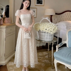 Đầm thiết kế cổ tròn nơ eo dáng dài