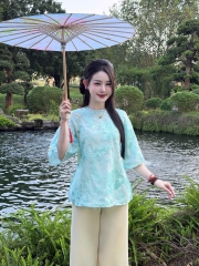 Lam cổ viền tròn gấm thêu cao cấp