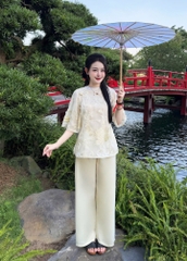 Lam cổ viền tròn gấm thêu cao cấp