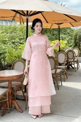 Áo dài cổ đứng đính hoa ngọc trai nơ