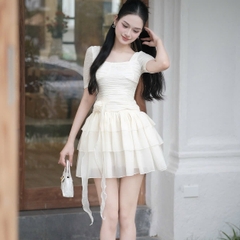 Đầm ngắn 2 tầng xoè cổ vuông thiết cao cấp sang chảnh đơn giản co dãn có tay phối tầng voan
