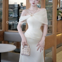 Đầm thiết kế lụa body trễ vai phối voan