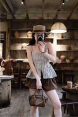 Set áo kẻ 2 dây quần bí ngắn phồng