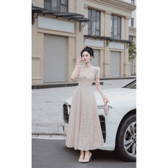 Đầm thiết kế cổ V đính đá ren cao cấp