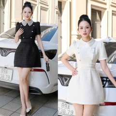 Đầm dạ bling cổ đá tag nơ chữ A dáng ngắn