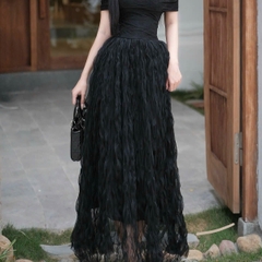 Đầm đi tiệc trễ vai bảng ngực xoè sóng dáng dài