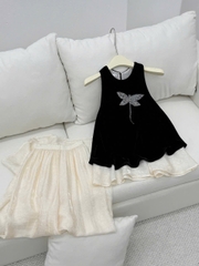Set đồ lam áo nhung thêu chuồn chuồn đá quần lụa