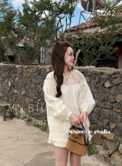 Set bộ babydoll cổ tròn tay dài ren hoa quần ngắn