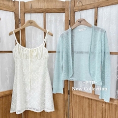 Đầm 2 dây ren cột nơ ngực kèm khoác ngoài