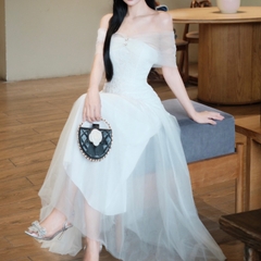 Đầm thiết kế cao cấp trễ vai voan phối ren dáng dài xoè sang